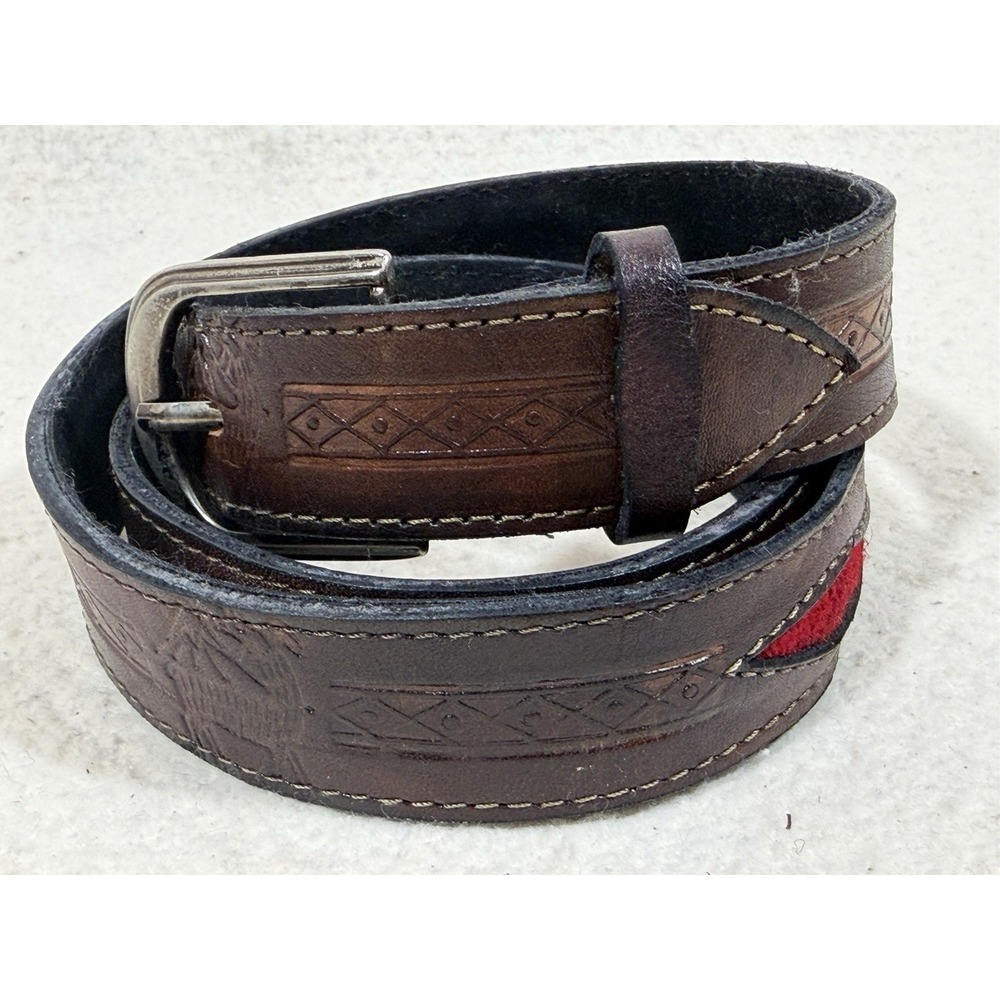 Vintage Leather Belt Western Tooled Brown Wool Inlay Boho Rustic 36